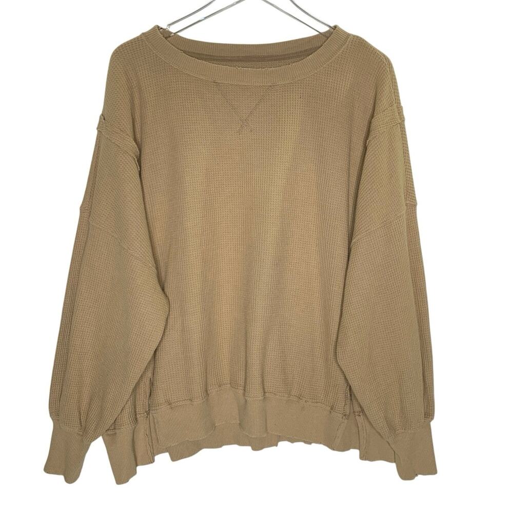 American Eagle Big Hug Waffle Sweatshirt S Oversized Tan Waffle Knit Crewneck